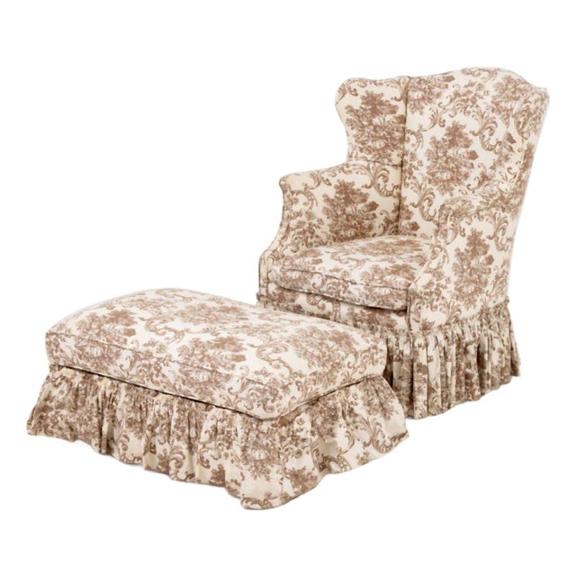 Linen Upholstered Wingback Chair and Ottoman For Sale