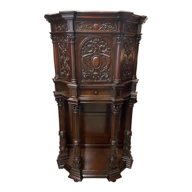 Rich Dark Walnut Hand Carved Antique English Court Cupboard For Sale