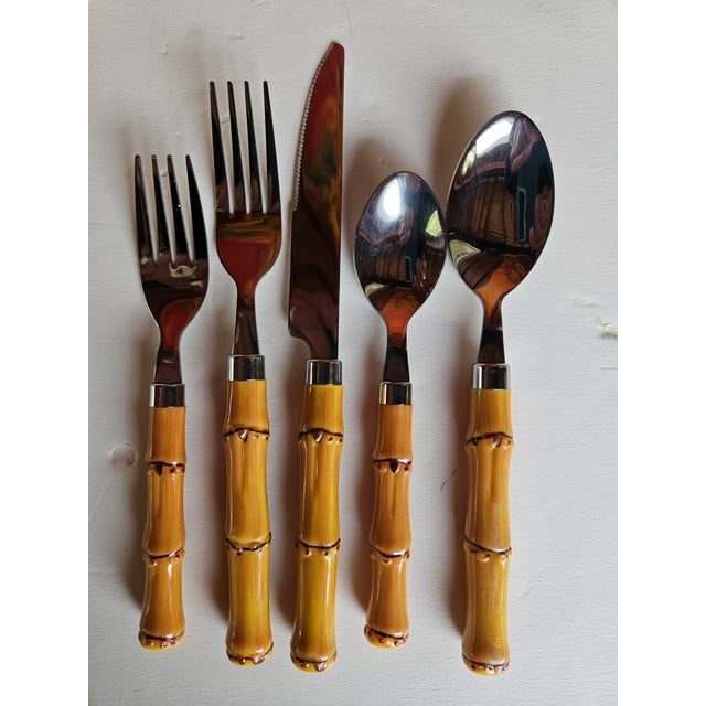 Boho Chic Stylish Faux Bamboo and Stainless Flatware Service for 8 - 40 Pieces For Sale - Image 3 of 6
