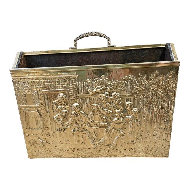 Mid 20th Century Vintage Embossed Brass and Wood Magazine Holder Rack For Sale