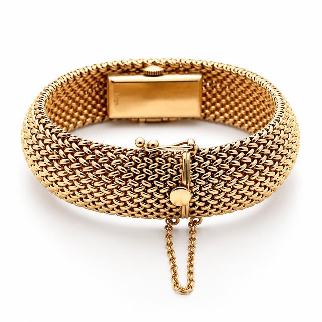 Vintage Solid 14k Yellow Gold Woven Wide Secret Watch Bracelet For Sale In New York - Image 6 of 7