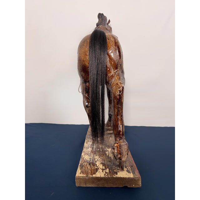 Antique American Folk Art Composition Plaster Horse With Leather Saddle & Horsehair Tail For Sale - Image 10 of 11
