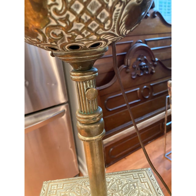 Brass Late 19th Century Antique Bradley and Hubbard Piano Lamp With Original Hand-Painted Milk-Glass Shade For Sale - Image 8 of 11
