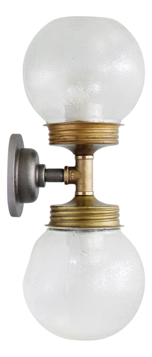 Vintage Double Sconce in Cast Iron, Frosted Glass, and Brass