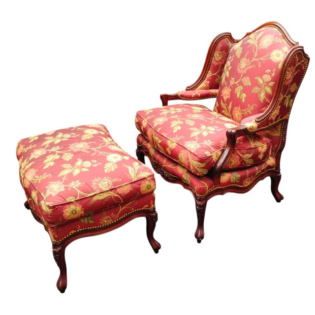Experience the Peak of Traditional Elegance With This Custom French Country Bergère Chair and Ottoman by Taylor King. 1980s For Sale - Image 9 of 12