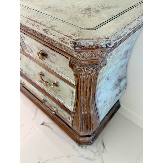 Baby Blue French Bombe Chest | Distressed Painted Wood Dresser | Louis XV Style For Sale - Image 8 of 11