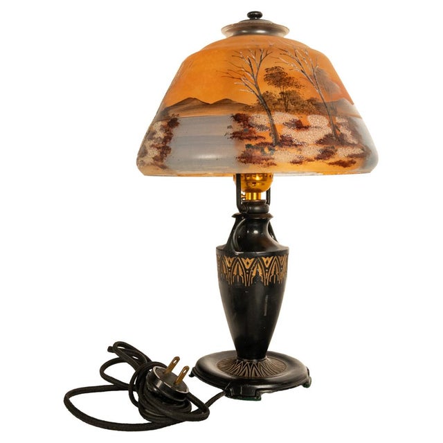 Antique Art Deco Moe Bridges Reverse Painted Landscape Boudoir Table Lamp 1920 For Sale - Image 14 of 17