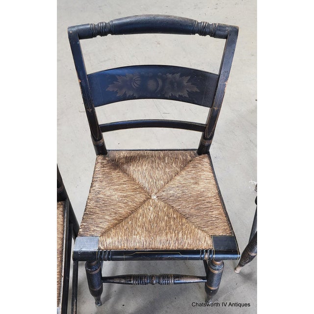 Hitchcock Set of 5 Antique 19th Century Black Stenciled L Hitchcock Country Dining Chairs For Sale - Image 4 of 17