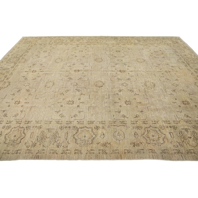 Modern Indian Wool Rug Handmade in Neutral Tones With Allover Pattern For Sale In New York - Image 6 of 9
