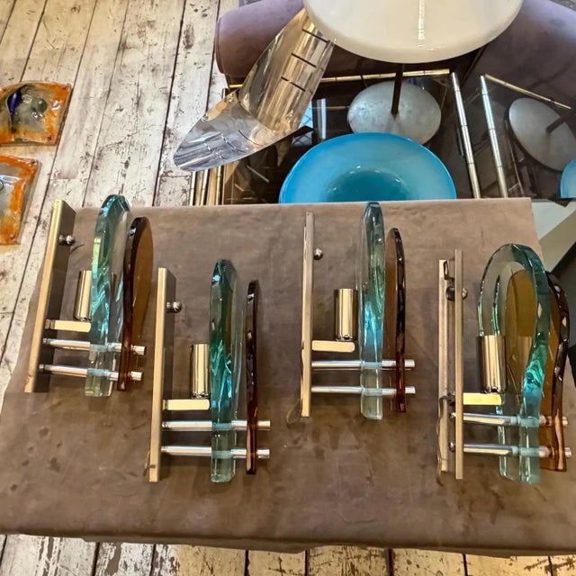 Set of Two 1970s Space Age Amber and Green Heavy Glass Wall Sconces by Veca For Sale - Image 11 of 18