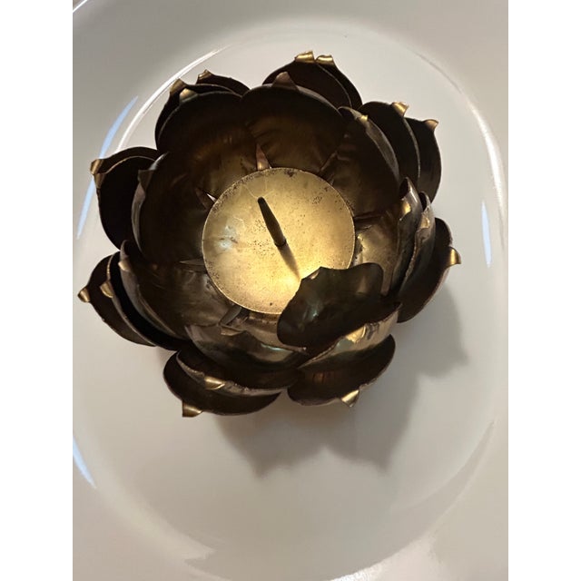 Large Mid Century Feldman Brass Lotus Flower Candle Holder. 5 " D X 2.25" H