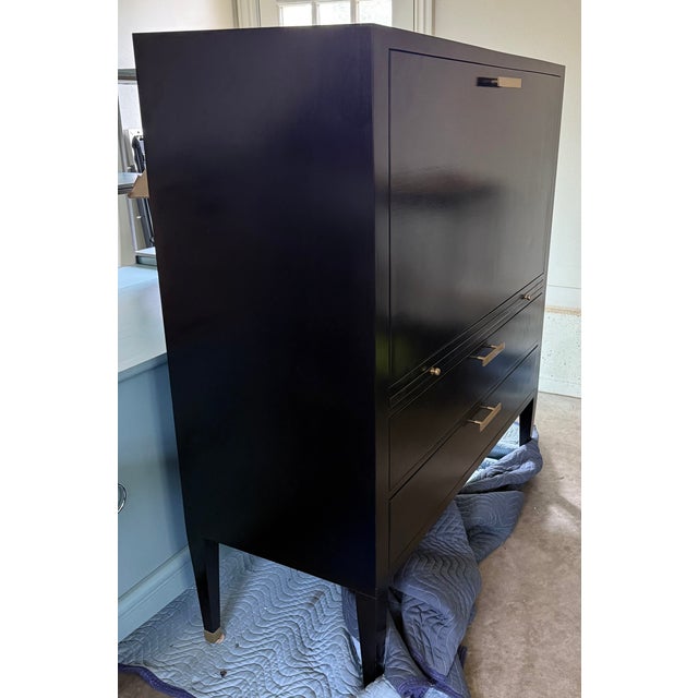 Transitional Black Bar Cabinet With Brass Hardware For Sale - Image 3 of 4