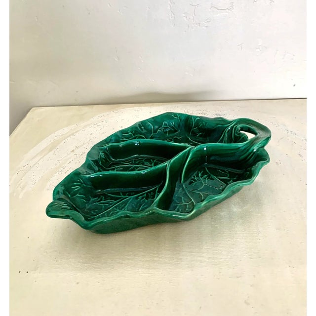 Mid-Century Modern 1952 Studio Rhubarb Leaf Dark Green Ceramic 4-Part Devided Platter For Sale - Image 3 of 8