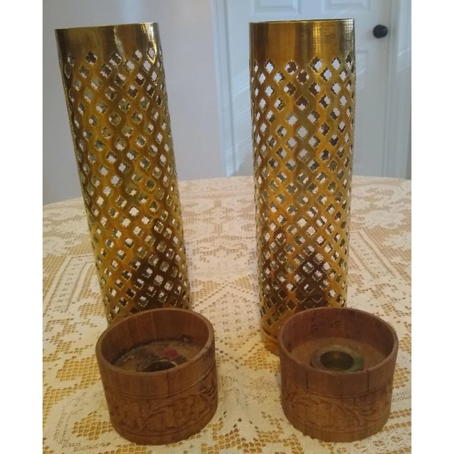 Asian Vintage Perforated Brass/Wood Candle Holders - a Pair For Sale - Image 3 of 4