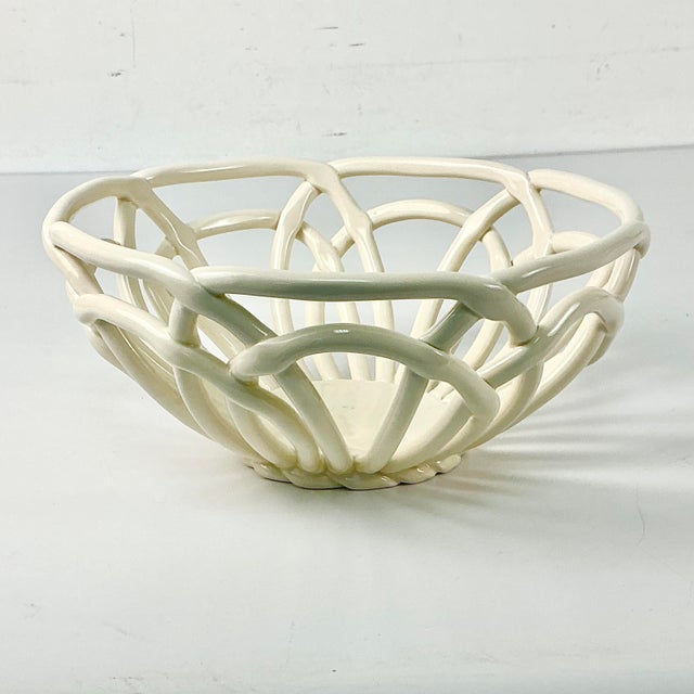 Vintage Italian Arts & Crafts Boho Chic Handcrafted Open Weave Studio Pottery Serving Bowl, Ivory For Sale - Image 4 of 11