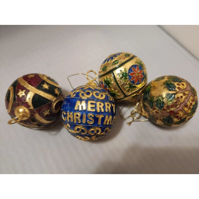 Vintage Champleve Cloisonne Christmas Ornaments Set of 4 For Sale - Image 11 of 12