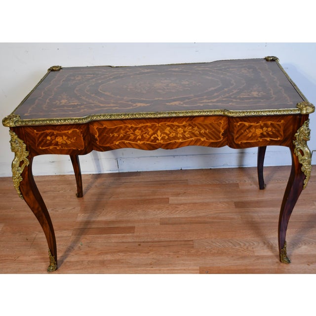 1900 Antique French Louis XV Walnut & Satinwood Inlay Writing Desk For Sale - Image 12 of 14