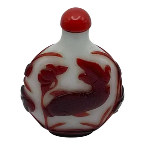 Early 20th Century Oversize Large Opaline Glass Snuff Bottle With Red Overlay of Fish Design