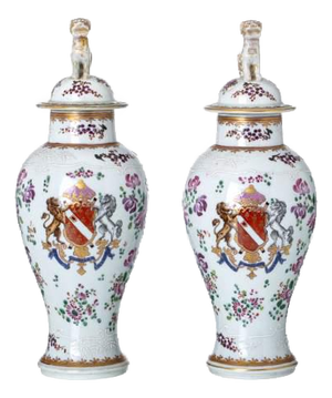 French Porcelain Emblem Pots, Set of 2