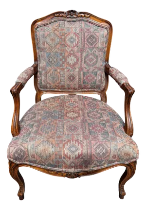 Late 20th Century Henredon French Louis XV Style Fauteuil Armchair With Floral Carvings and Southwest Upholstery