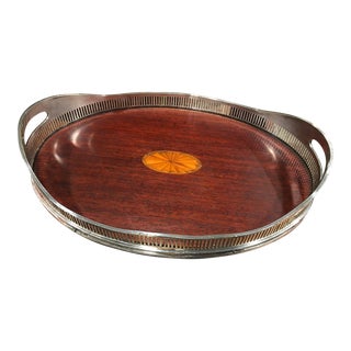 Antique Royal Silver Fretwork Mahogany Inlay Serving Tray For Sale