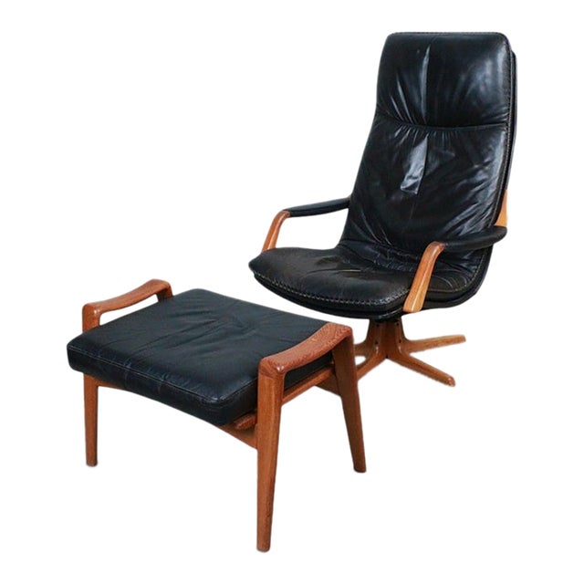 Arne Wahl Iversen Highback Swivel Chair and Ottoman in Black Leather + Teak For Sale