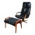 Arne Wahl Iversen Highback Swivel Chair and Ottoman in Black Leather + Teak For Sale