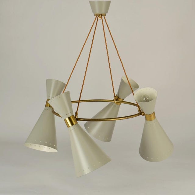 Metal Large Hourglass Chandelier with Grey Metal Diabolo Shades on Brass Frame, 1950s For Sale - Image 7 of 18