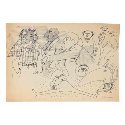 Mino Maccari, Figures, Ink Drawing on Paper, 1950s For Sale - Image 3 of 3