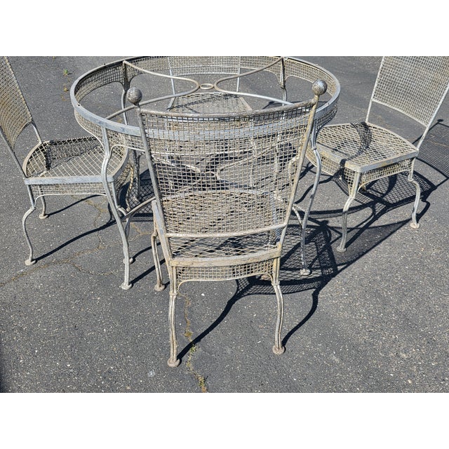 Vintage Rare 1960's Russell Woodard Attributed Mesh Wrought Iron Patio Glass Table and 4 Chairs For Sale - Image 17 of 18