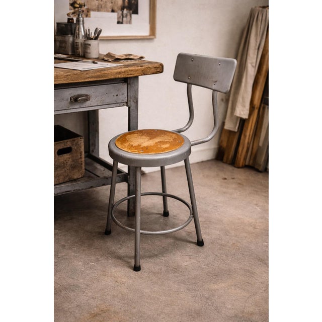 Industrial 1920s Industrial Metal Stool With Original Patina | Studio / Workshop Seating For Sale - Image 3 of 3