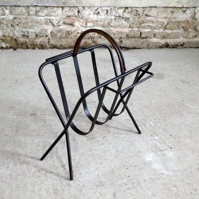 Mid-Century Modern Brutalist Magazine Rack in Metal and Leather, 1960s For Sale - Image 3 of 6
