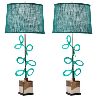 Italian Silver Color Nickel With Aqua Blue Murano Glass Swirls Lamps - a Pair - in Showroom For Sale