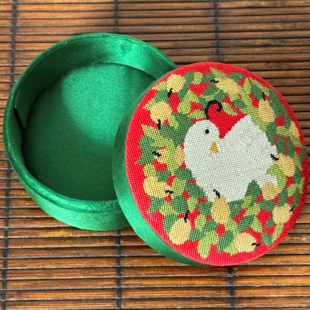 Late 20th Century Partridge and Pear Petit Point Covered Cylinder Box For Sale - Image 4 of 7