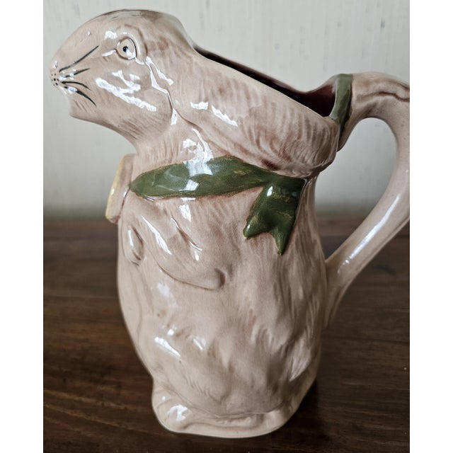 Beige Early 1900s French Majolica Rabbit Pitcher With 1900 Medal For Sale - Image 8 of 11