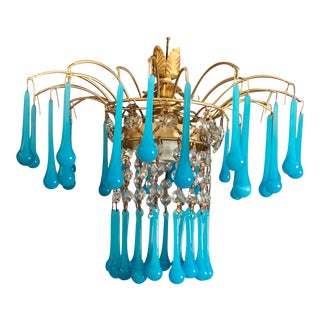 Vintage Italian Murano Opaline Blue Macaroni Glass Beads & Hand Cut Crystal Chandelier For Sale
