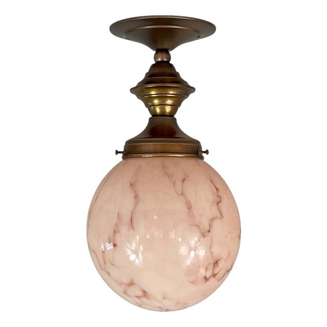 Art Deco Pale Rose Marbled Opaline and Brass Flush Mount, Germany, 1920s For Sale