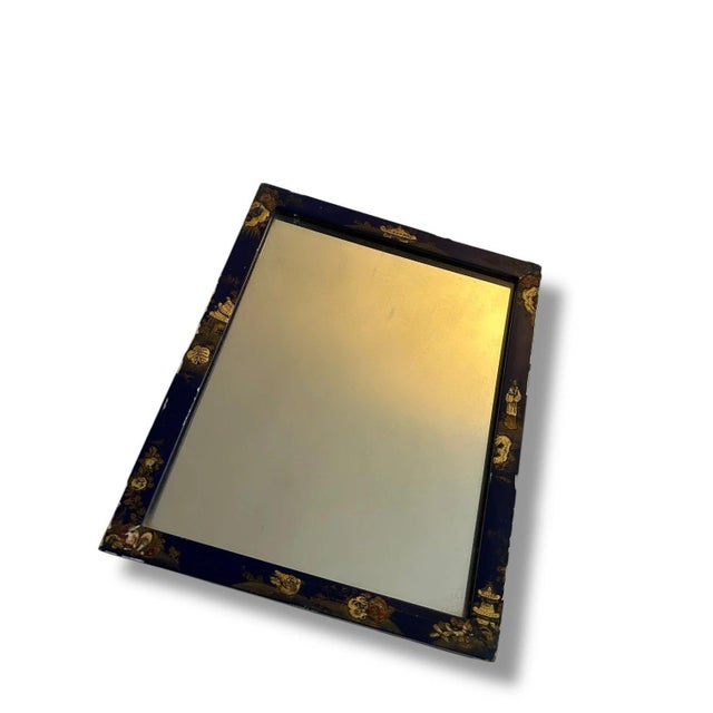 Antique Chinoiserie Rectangular Blue and Gilt Painted Wall Mirror For Sale - Image 3 of 7