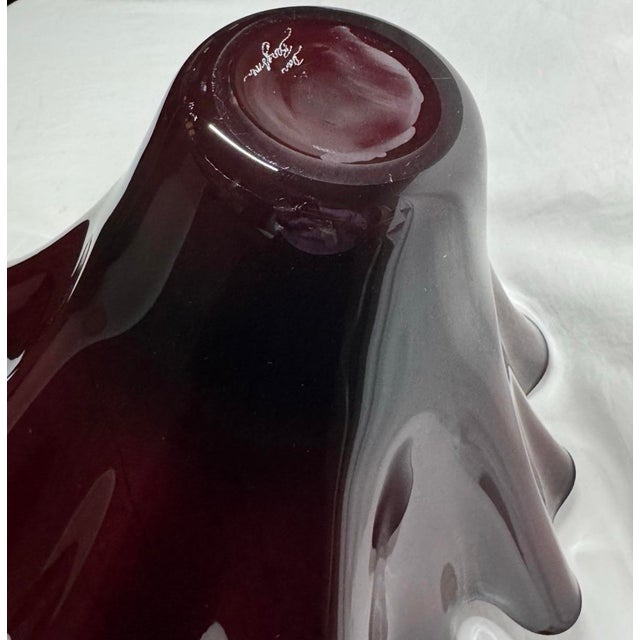 Dan Bergsma Deep Red Gold Iridescent Art Glass Wave Bowl Vase 18” For Sale - Image 11 of 12