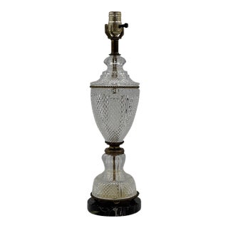 Vintage Hollywood Regency Cut Glass Brass Table Lamp Black Marble Base For Sale