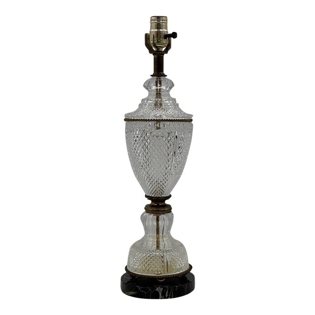 Vintage Hollywood Regency Cut Glass Brass Table Lamp Black Marble Base For Sale