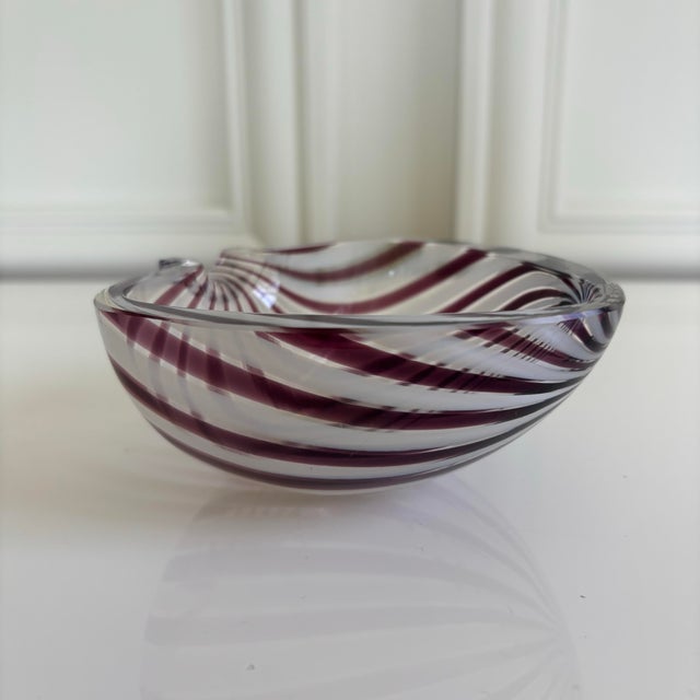 Contemporary Vintage Italian Murano Art Glass Purple Candy Stripe Dish Bowl For Sale - Image 3 of 10