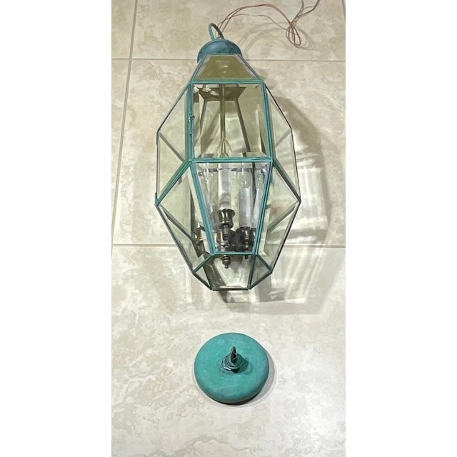 Vintage Hexagonal Solid Brass Hanging Lantern / Foyer Pendant Light 24”h X 10” W For Sale - Image 10 of 18