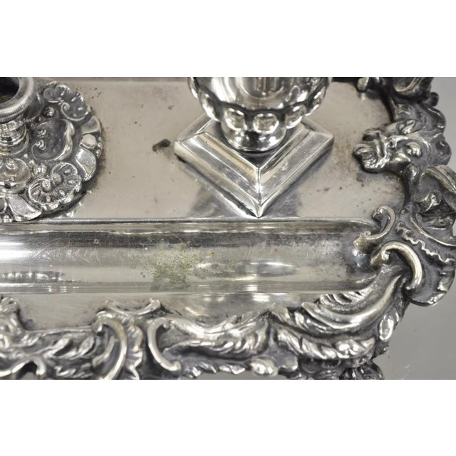 Metal Vintage French Renaissance Silver Plated Figural Italian Inkstand Desk Inkwell For Sale - Image 7 of 12