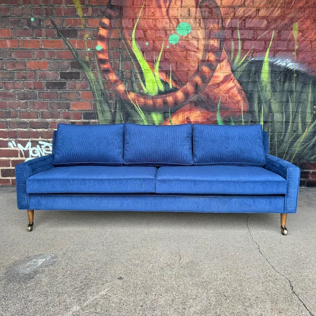 Mid Century Modern Sofa Reupholstered Blue Corduroy on Casters Possibly