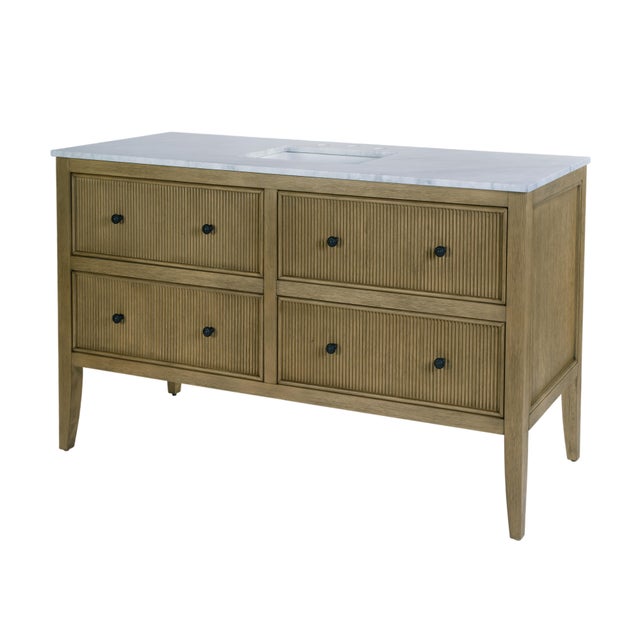 Bristol 60 in. W Marble and Wood 4 Drawer Ribbed Bathroom Vanity, Medium Oak For Sale - Image 9 of 9