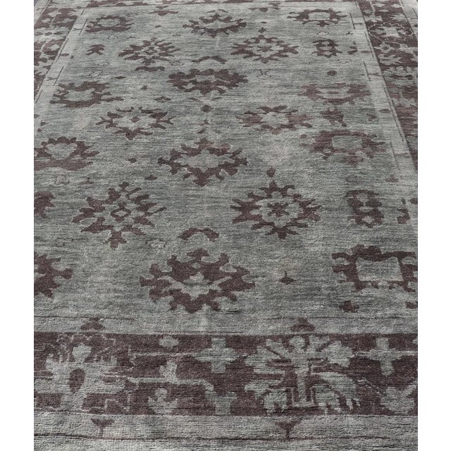 Textile Modern Hand Knotted Oushak Rug in Wool With Sub-Geometric Design in Green and Brown For Sale - Image 7 of 13