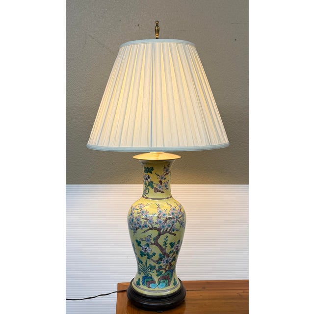 Design Plus Gallery presents a Cherry Blossom Motif Table Lamp with Chinoiserie Style. The ceramic table lamp has a pale...
