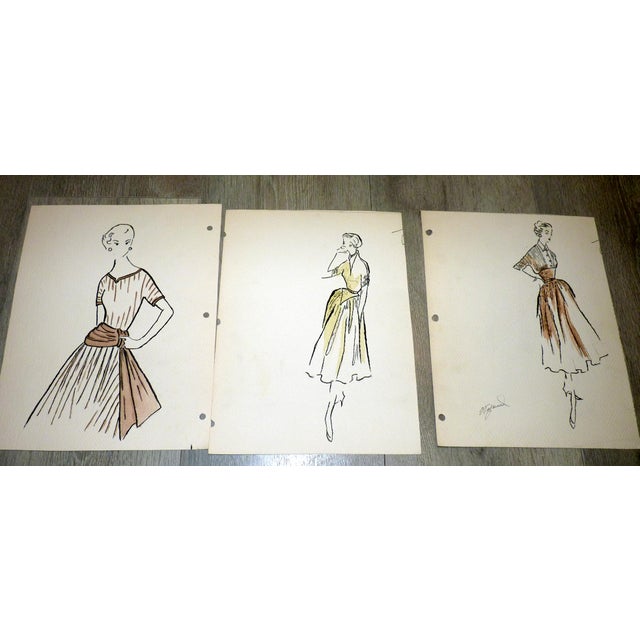 Set of 3 Original 1950s Fashion Production Sketches With Designer Notes Matted 11" X 14" For Sale In Los Angeles - Image 6 of 6