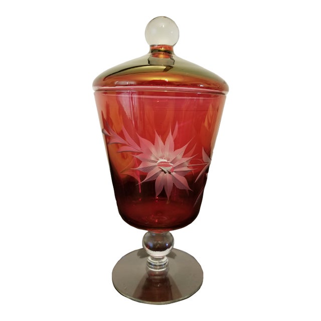 1940s Bohemian Hand Blown Ruby Flashed Compote With Lid For Sale
